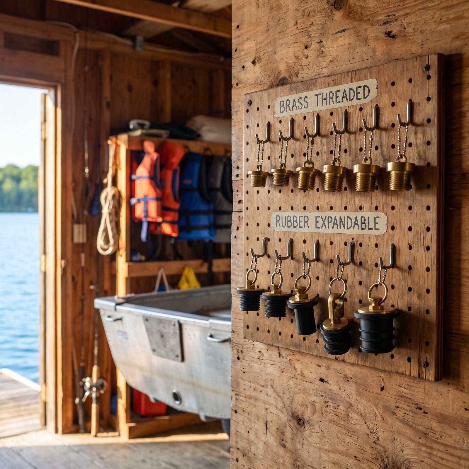 Spare Boat Drain Plugs Hung on a Labeled Board