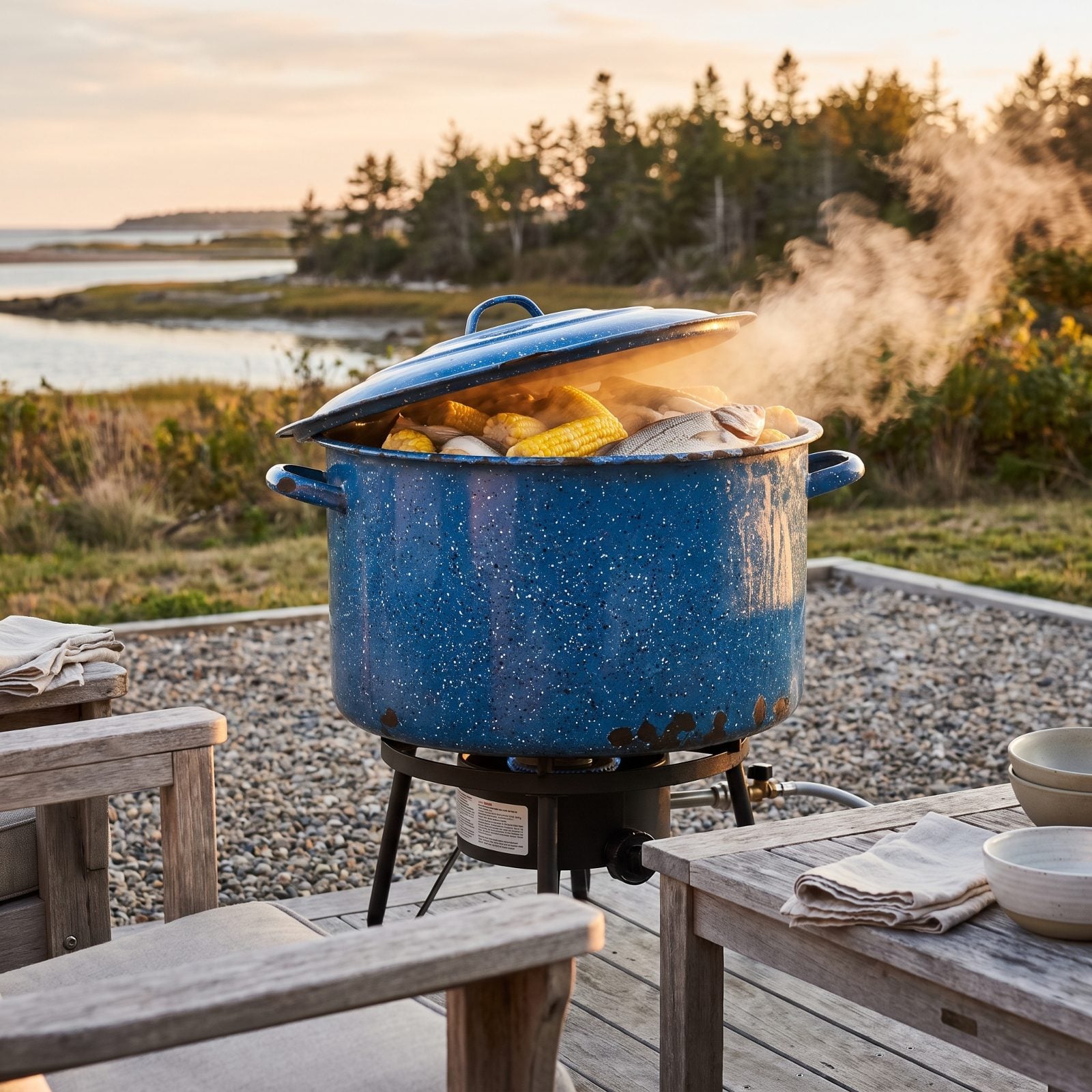 A Speckled Enamel Stockpot for Corn and Fish Boils