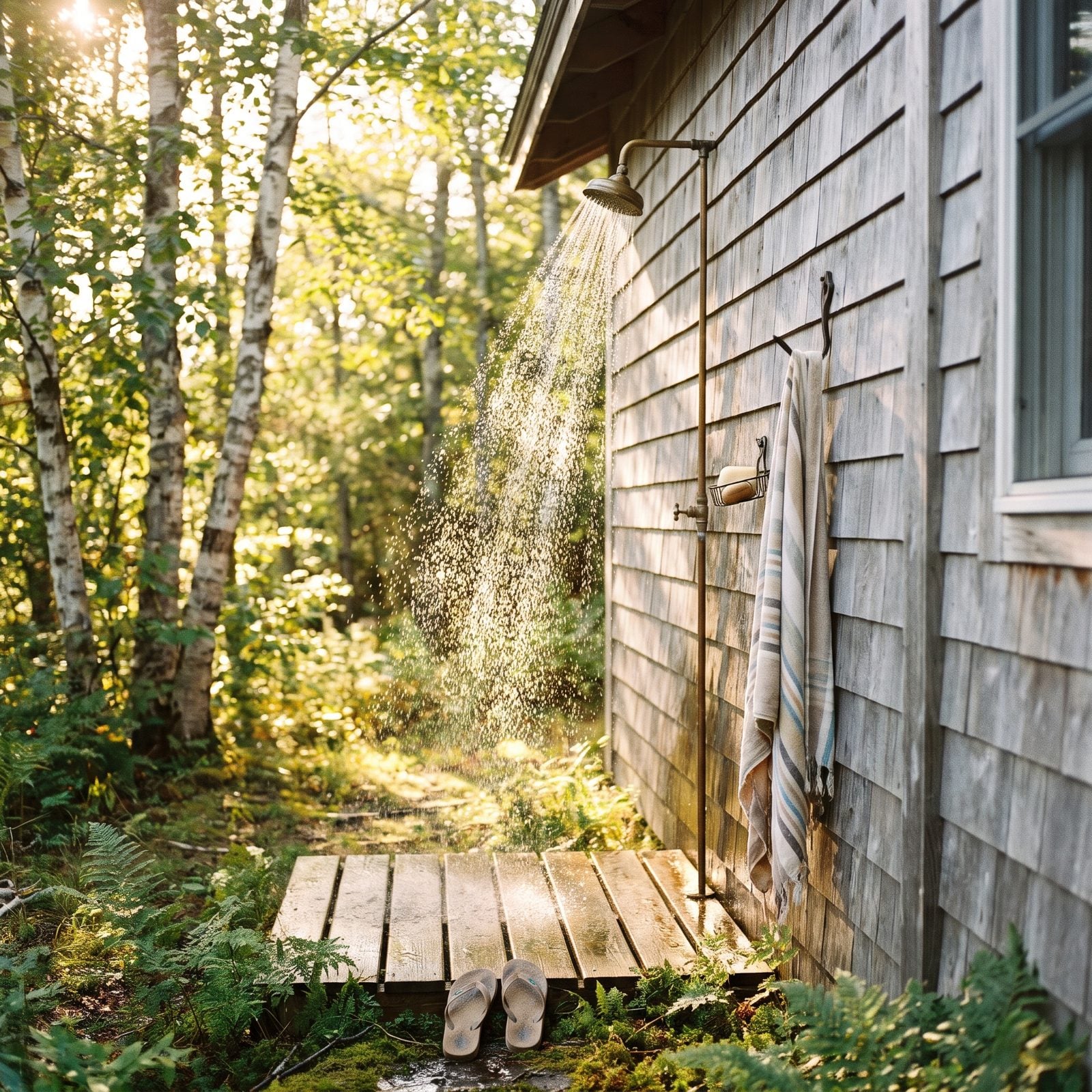The sting of a day's sunburn under the cold outdoor shower