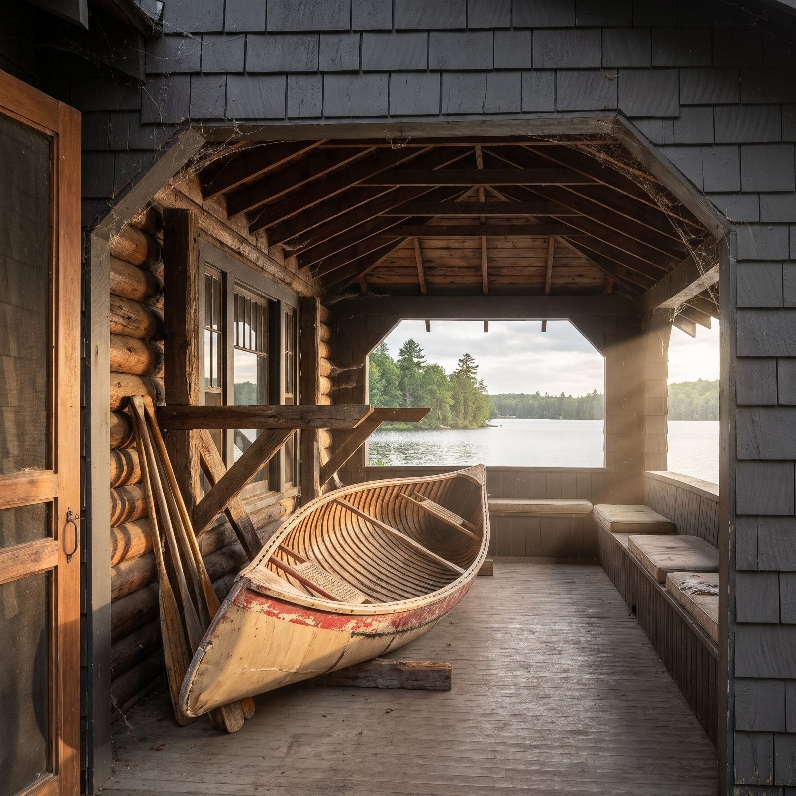A Sun-Bleached Cedar Canoe Resting Under the Eaves