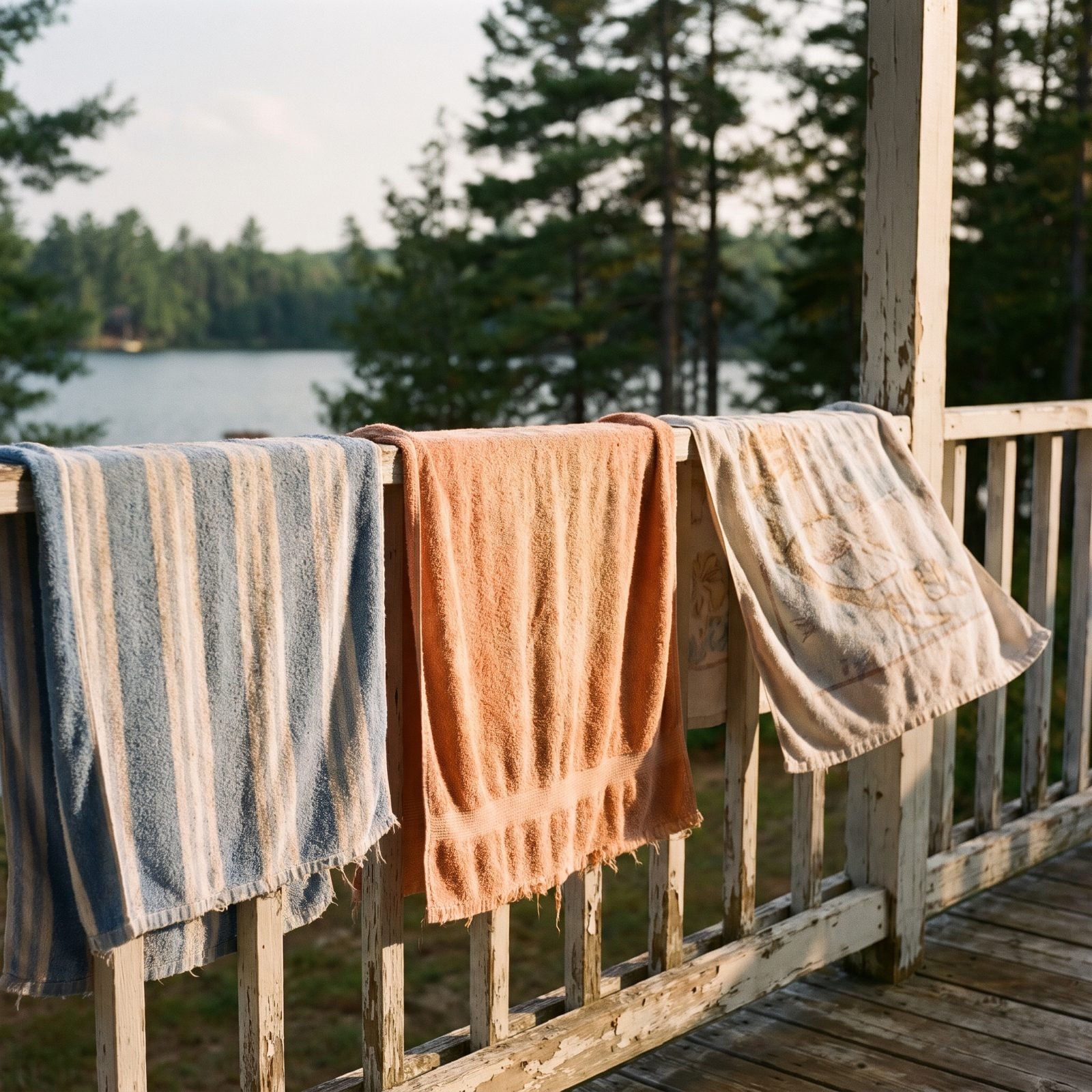 Sun-Faded Beach Towels Hung Over the Porch Railing