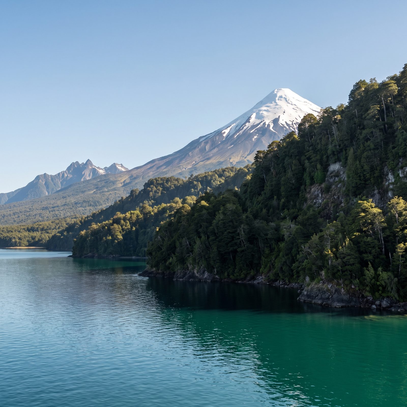 Todos los Santos Lake, Chile, Emerald-Blue Water Beneath Volcanic Peaks