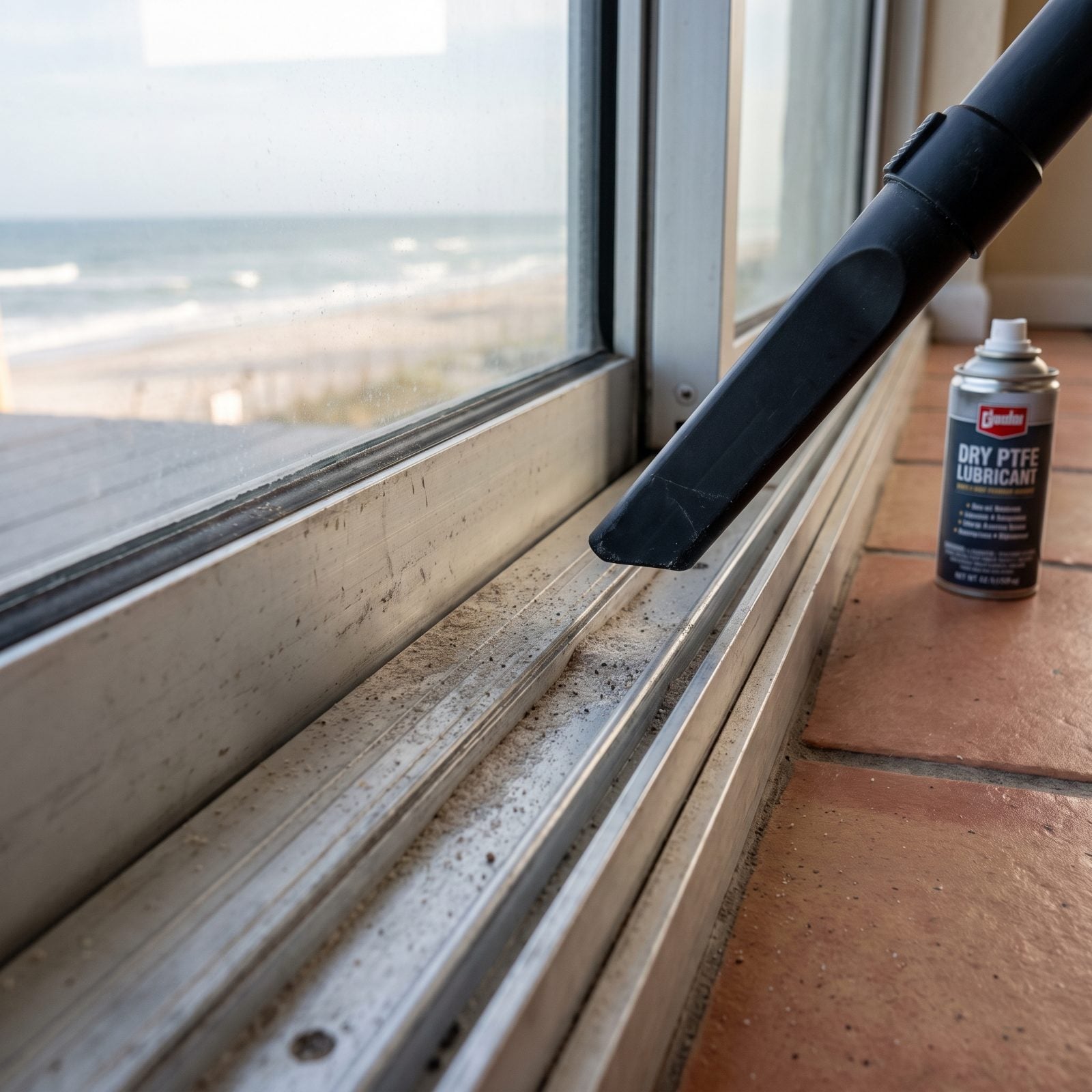 Vacuum Sliding-Door Tracks Before Adding Dry Lubricant