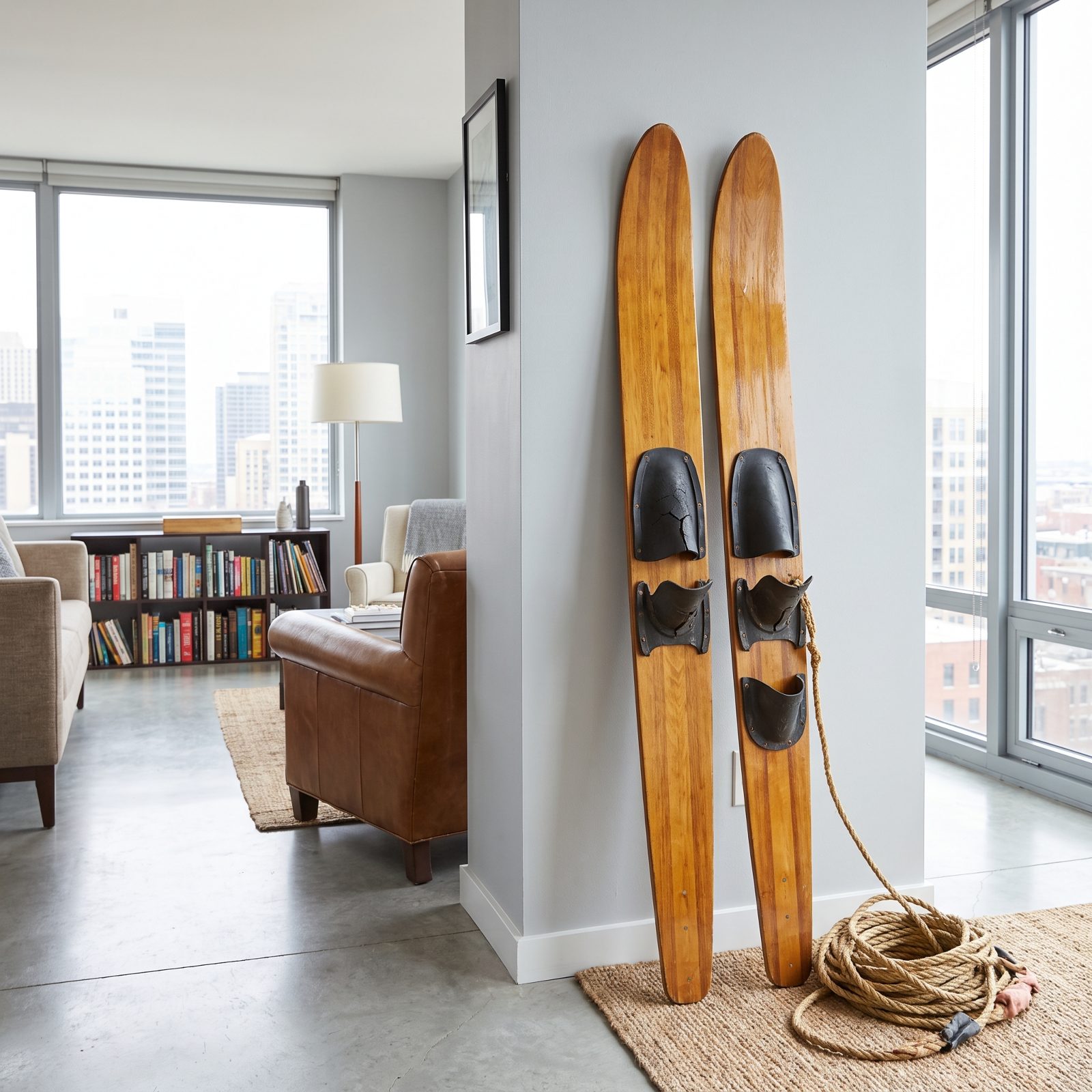 Varnished Wooden Water Skis With Rubber Foot Bindings