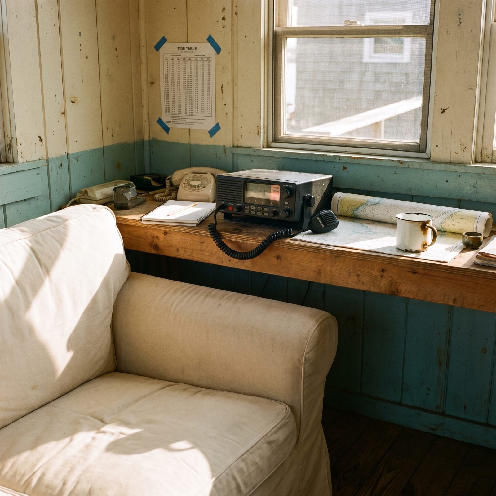 The VHF Radio Crackling in the Dock Office