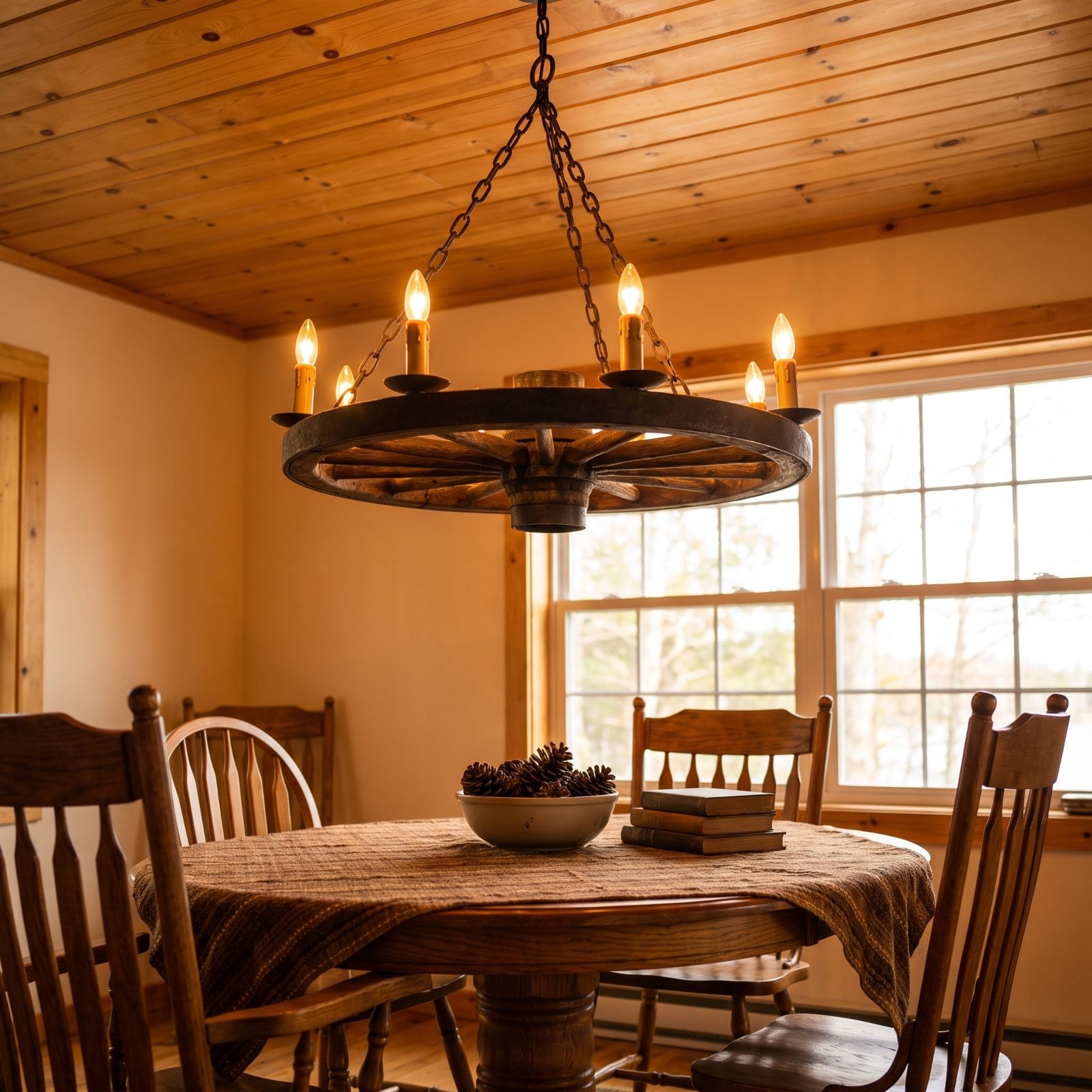 A Wagon-Wheel Light Fixture Over the Main Table