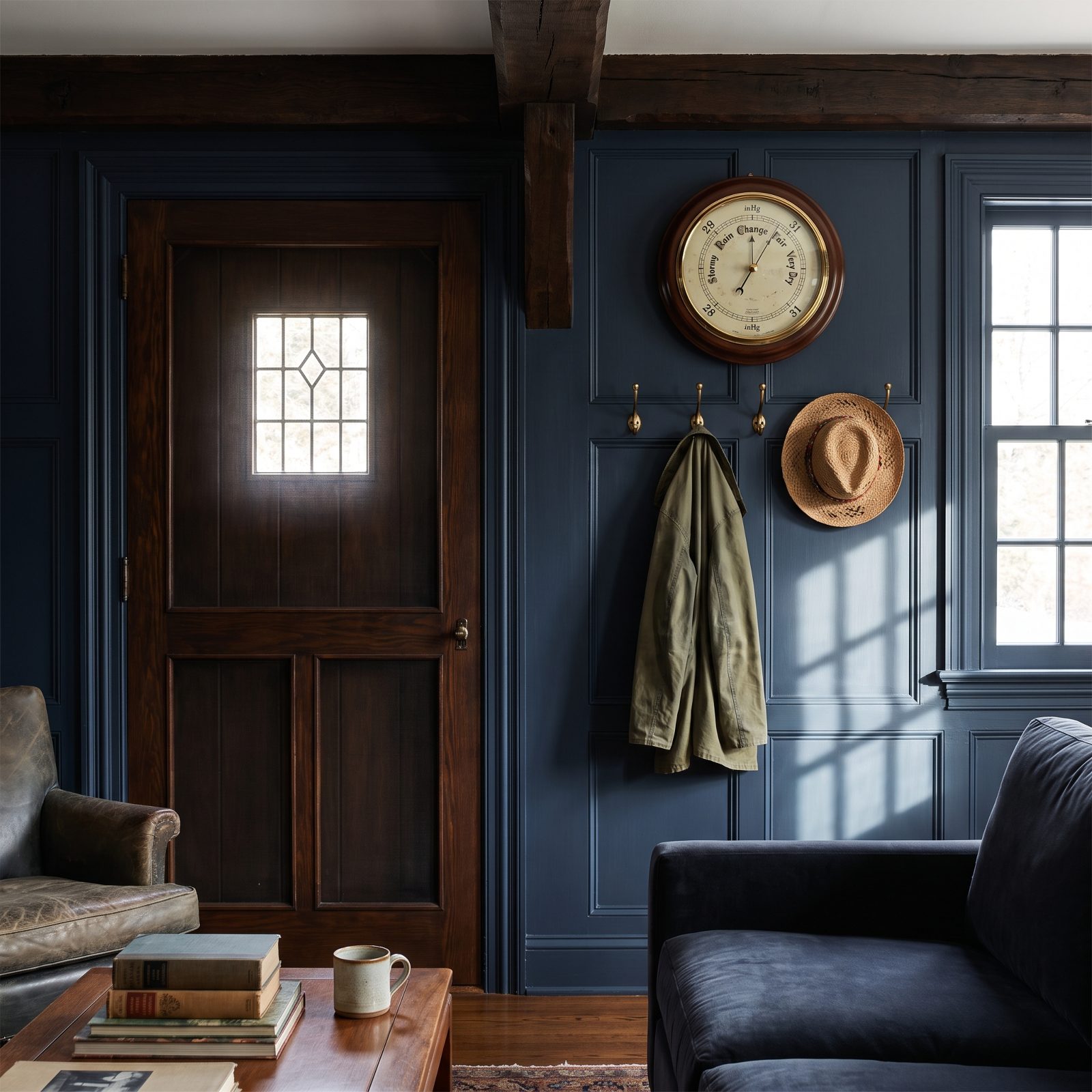 A Wood-Cased Barometer Mounted Near the Door