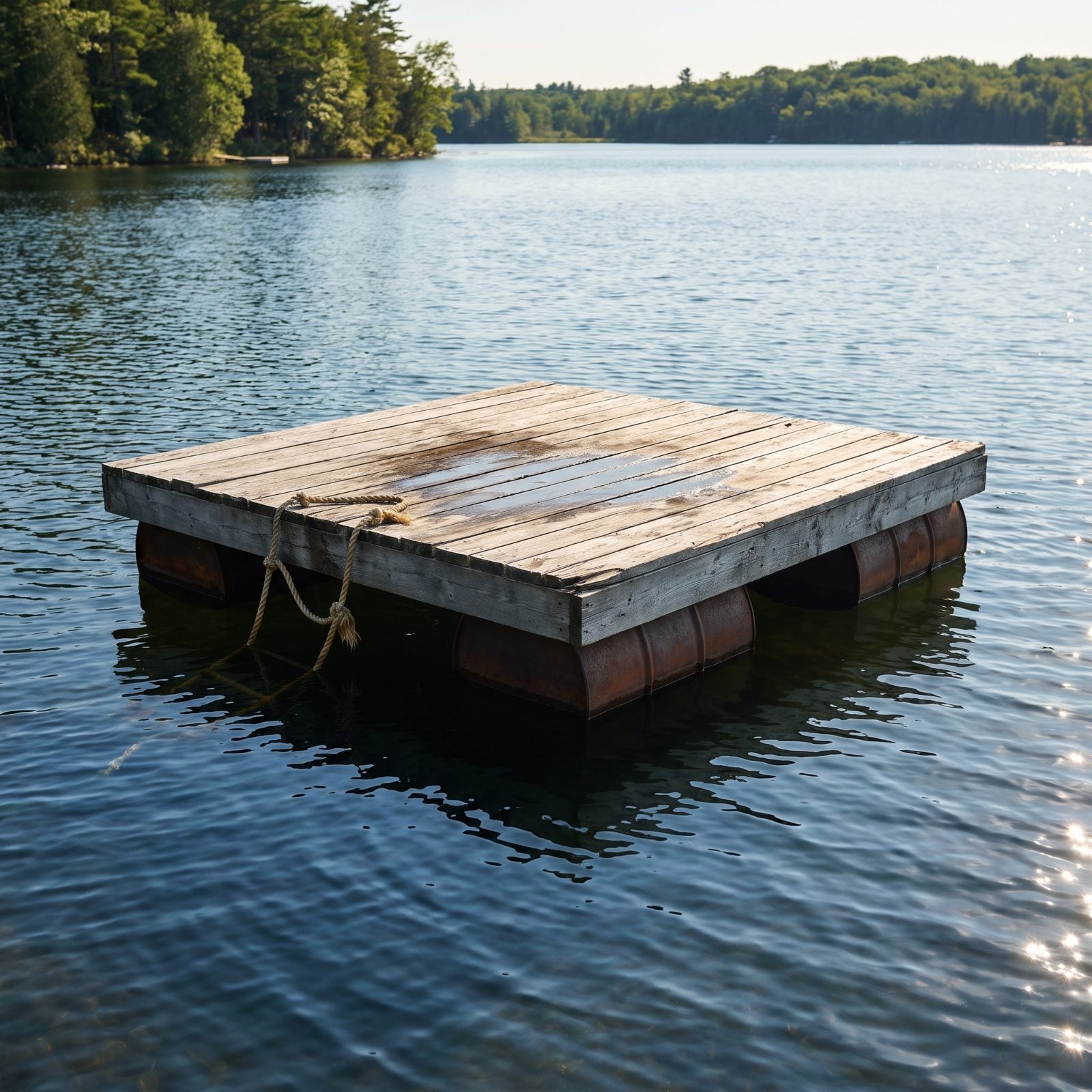 A Wood-Plank Swimming Raft Anchored Just Offshore