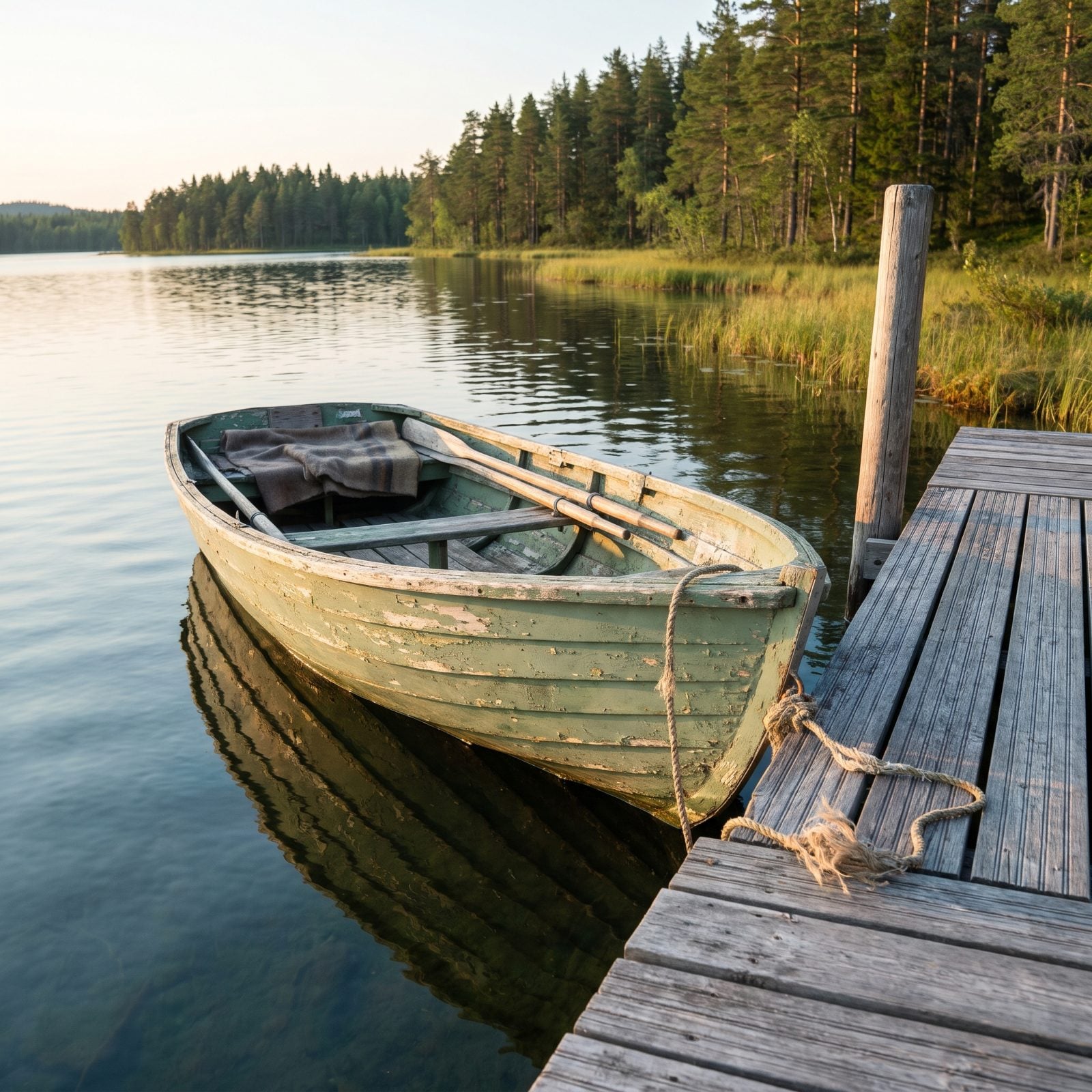 A Wooden Rowboat Tied Off at a Crooked Dock