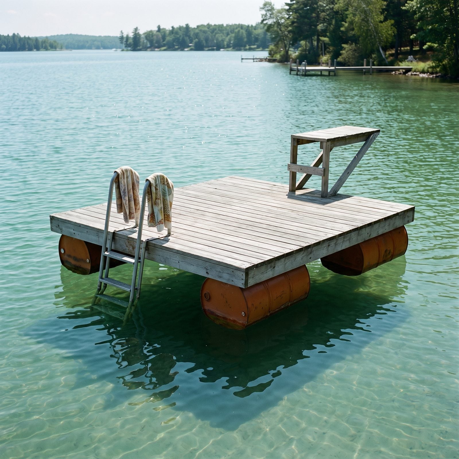 A Wooden Swim Raft Supported by Sealed Steel Drums